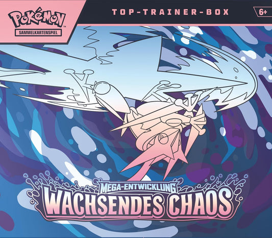 Pokémon-Sammelkartenspiel: Top-Trainer-Box Mega-Entwicklung – Wachsendes Chaos (1 Vollbild-Promokarte, 9 Boosterpacks & Premium-Zubehör)