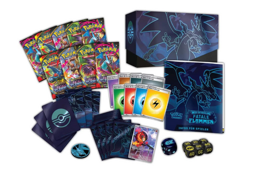 Pokémon-Sammelkartenspiel: Top-Trainer-Box Mega-Entwicklung – Fatale Flammen (1 Vollbild-Promokarte, 9 Boosterpacks & Zubehör)