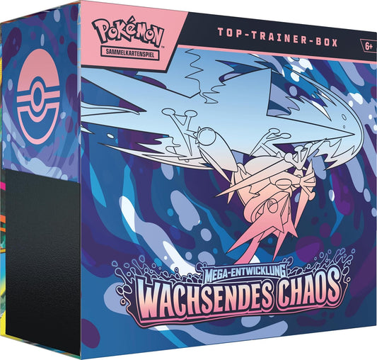 Pokémon-Sammelkartenspiel: Top-Trainer-Box Mega-Entwicklung – Wachsendes Chaos (1 Vollbild-Promokarte, 9 Boosterpacks & Premium-Zubehör)