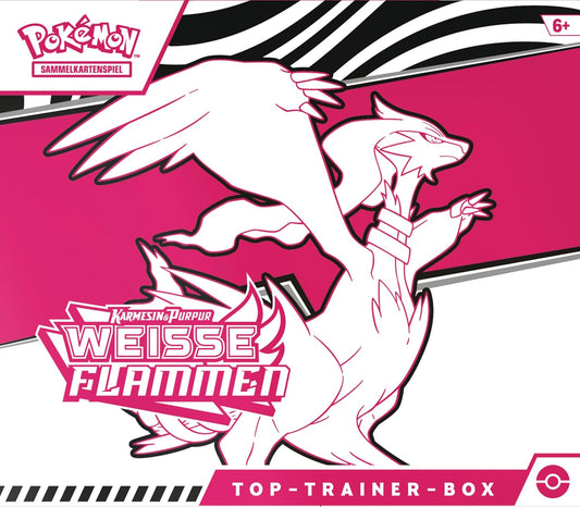 Pokémon-Sammelkartenspiel: Top-Trainer-Box Karmesin & Purpur – Weiße Flammen: Reshiram (1 Vollbild-Promokarte mit Boreos, 9 Boosterpacks & Zubehör)