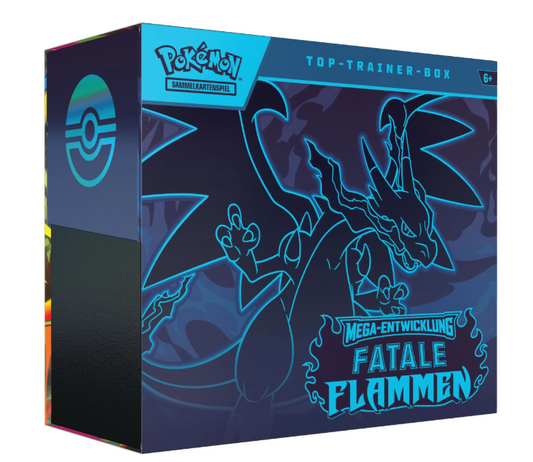 Pokémon-Sammelkartenspiel: Top-Trainer-Box Mega-Entwicklung – Fatale Flammen (1 Vollbild-Promokarte, 9 Boosterpacks & Zubehör)